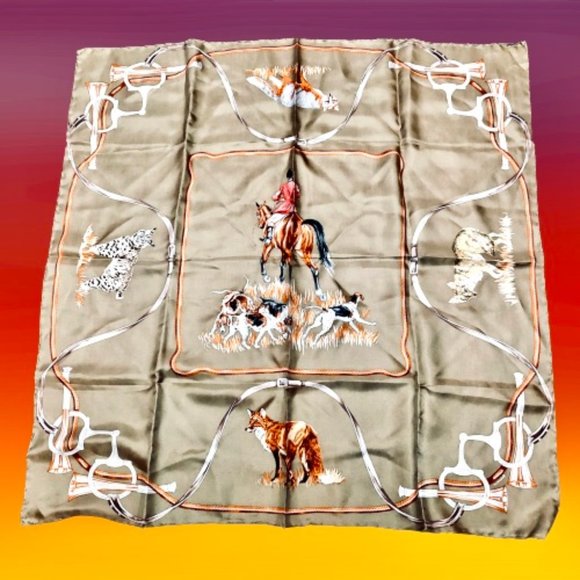 Vintage Equestrian Silk Scarf Fox Hunting Hounds Horn Horse Bits KOREA 34" sq - Picture 1 of 15